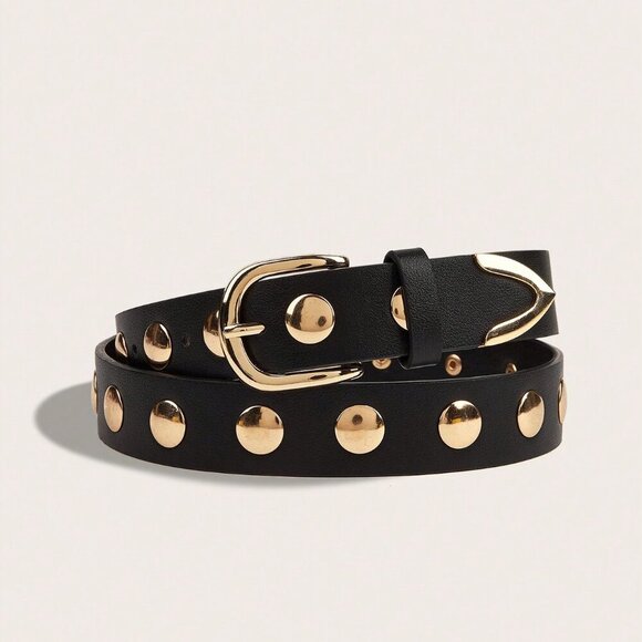 Black Contemporary Women's Gold Rivet Belt - Picture 3 of 9